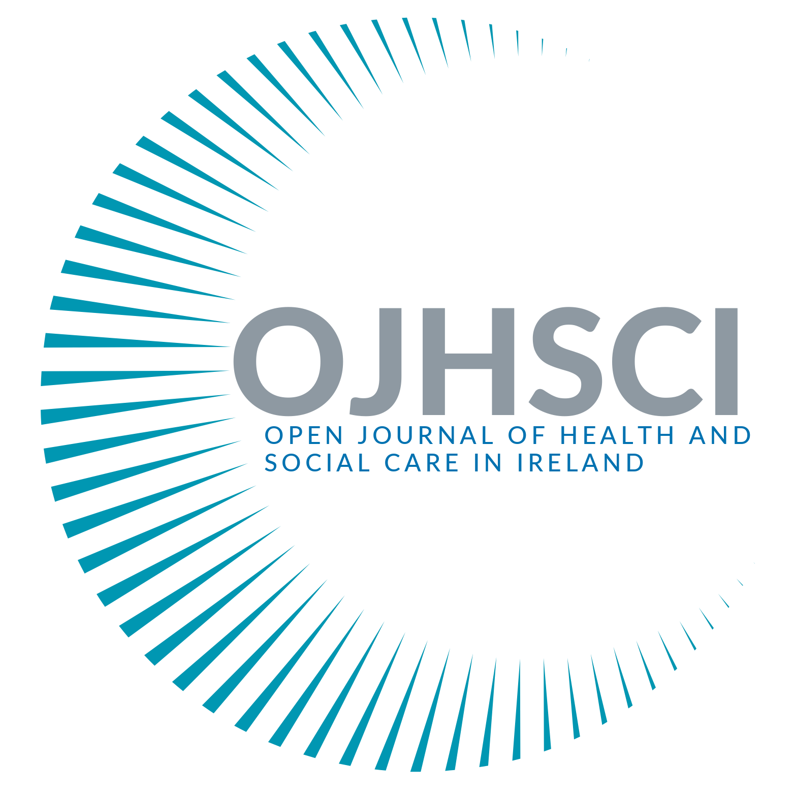 OJHSCI logo. Text states OJHSCI in grey block text. Underneath in blue block text it states OPEN JOURNAL OF HEALTH AND SOCIAL CARE IN IRELAND. Surrounded by a radial on the left side composed of teal stripes.